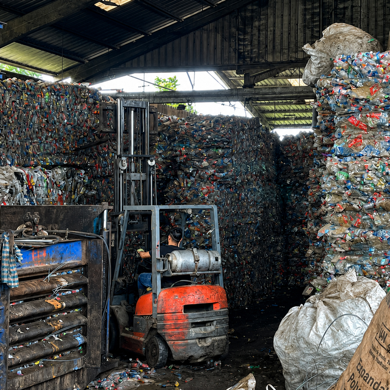 Montacargas operando entre fardos de material reciclado compactado en instalaciones Scrapmen