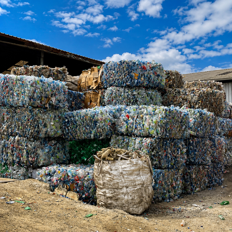 Fardos de botellas PET compactadas y clasificadas en planta Scrapmen Recycling Group
