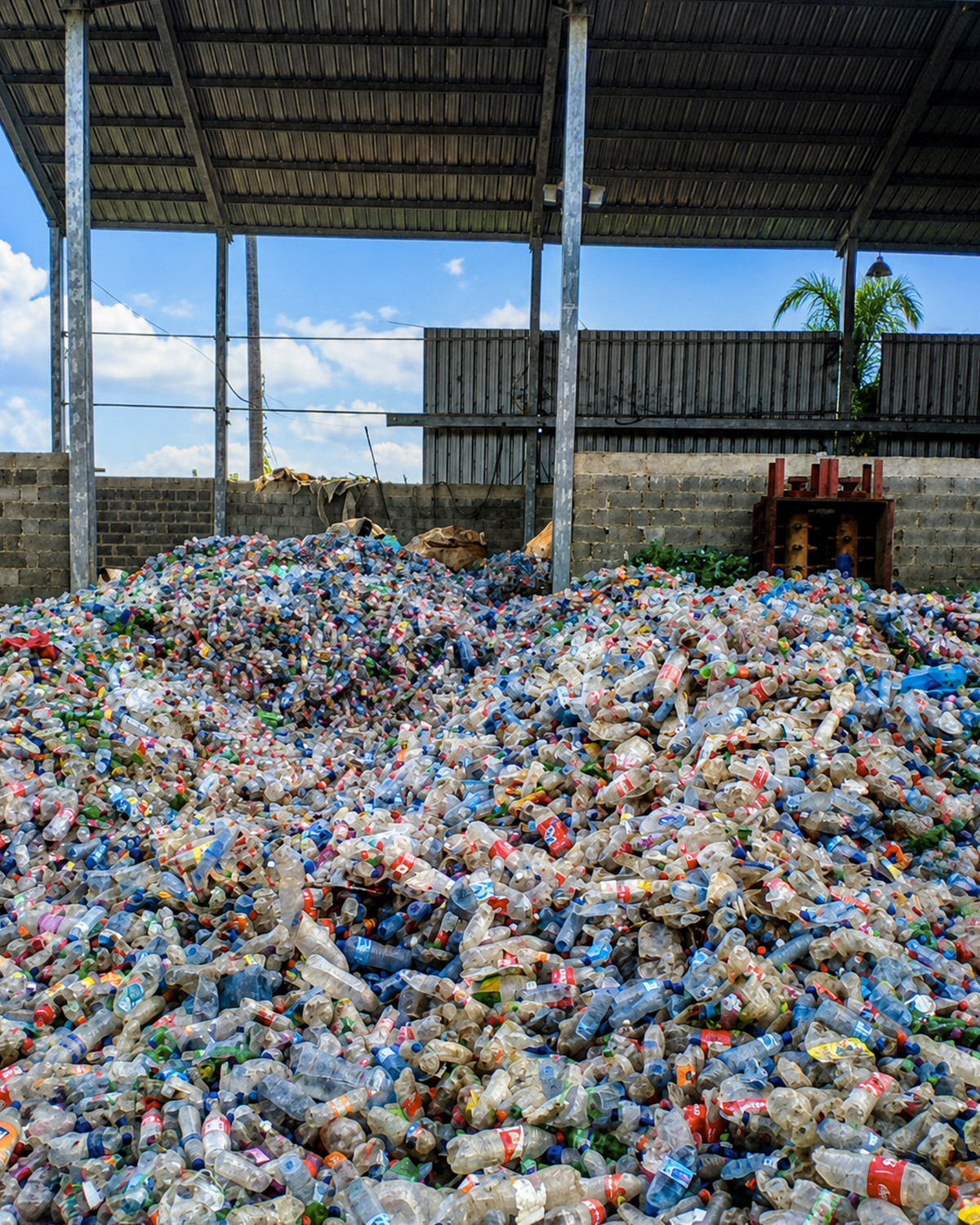Colección de botellas PET en planta de reciclaje
